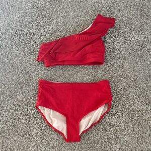Albion Red Ribbed One-Shoulder Bikini